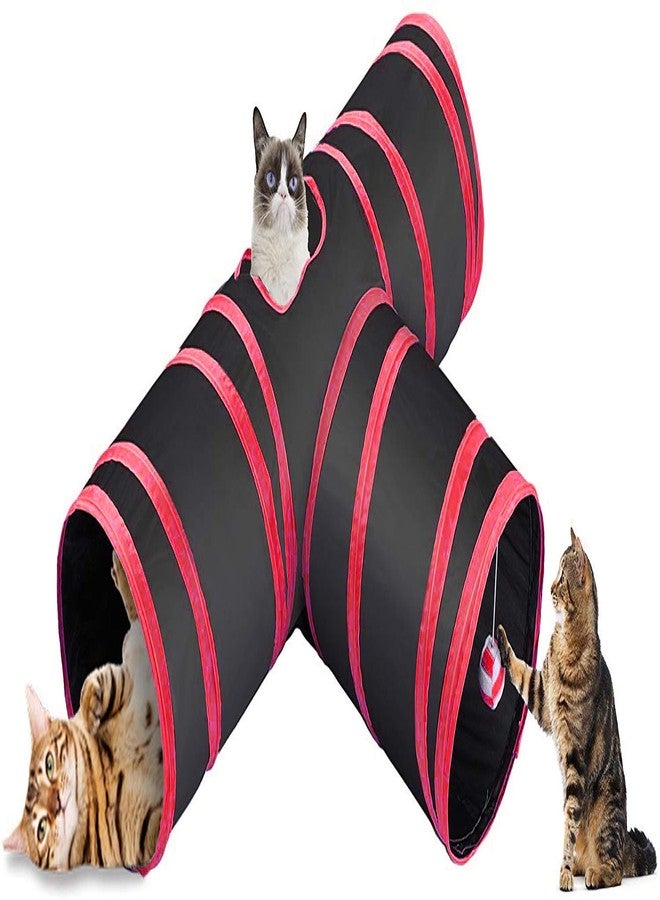 Western Era Cat Tunnel Toy 3 Way Collapsible for Indoor & Outdoor Play with Hanging Toy Ball for Cat, Puppy, Kitty, Kitten (Red) - Image 1